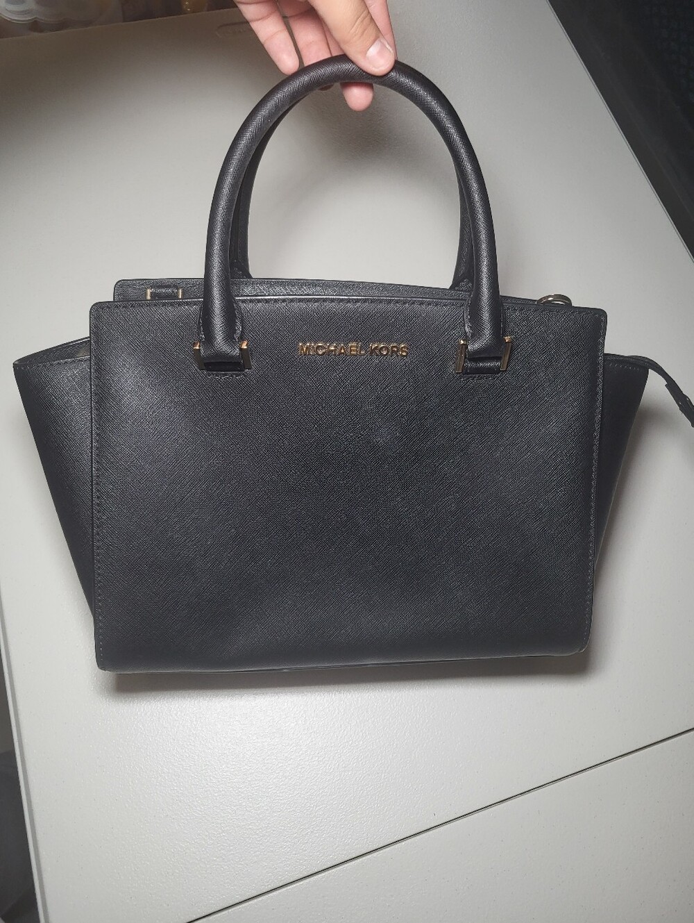 Michael Kors Black Saffiano Satchel with Gold Logo and Hardware